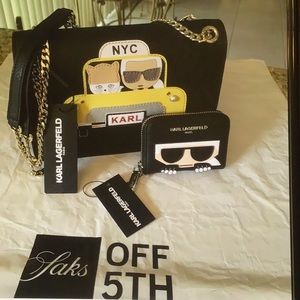 Designer Karl Lagerfeld NYC Maybelle Cat Tote Black Saffiano Handbag Wallet Set
